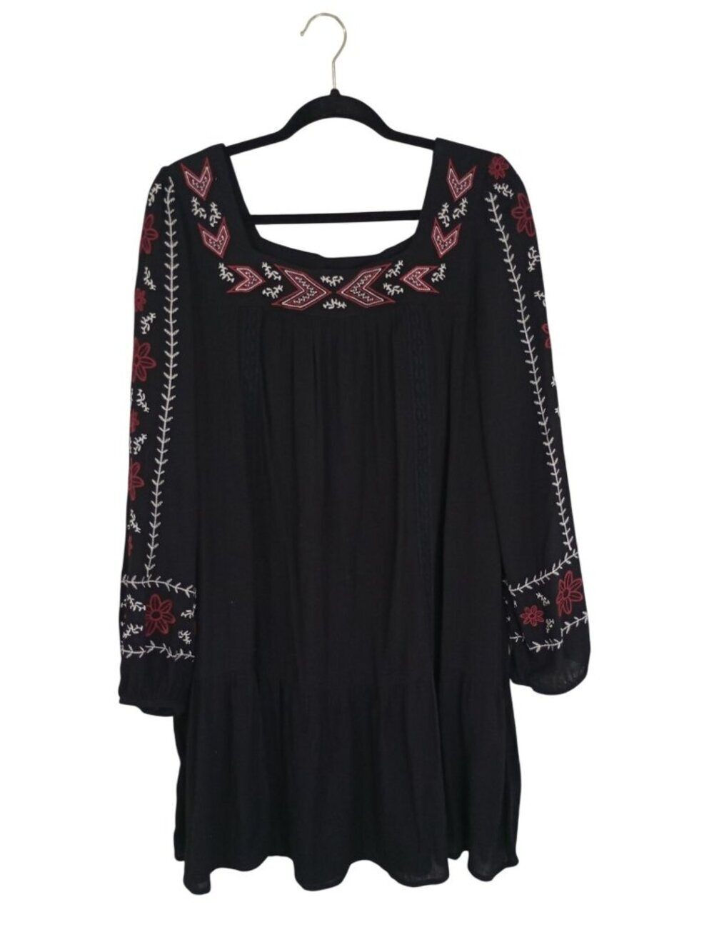 Boho-Inspired Black Dress Floral Embroidery Tiered Hem Women Sz L By Xhilaration